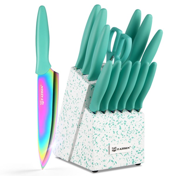14-Piece Rainbow Titanium Kitchen Knife Set with Terrazzo Wooden Block