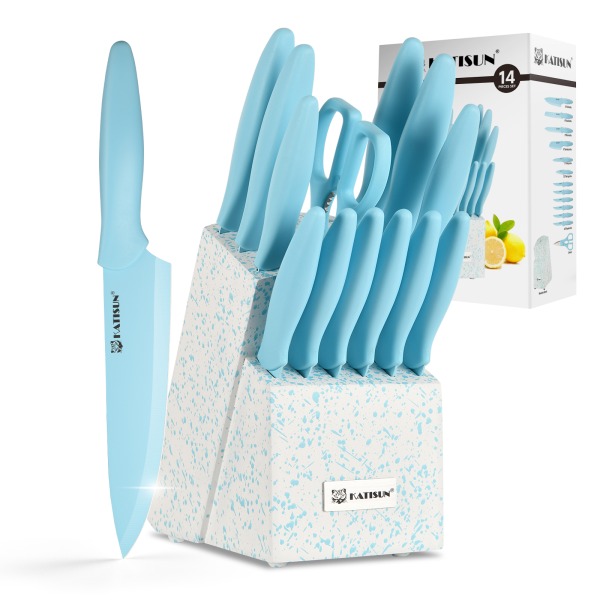 14-Piece Pastel Sky Blue Kitchen Knife Set with Terrazzo Wooden Block