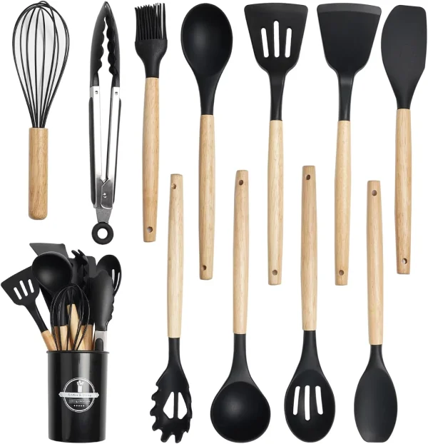 12-Piece Premium Silicone Kitchen Utensil Set with Wooden Handles